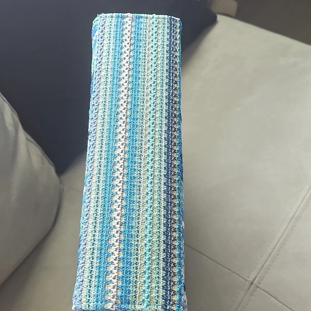 Striped Turquoise Blue and Green Handbag with Wooden Handles